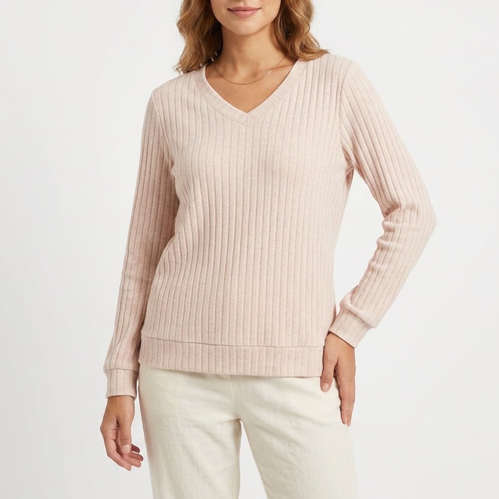 Automet Sweater Womens Large Blush Stretch Knit Rib Long Sleeve V-Neck Pullover